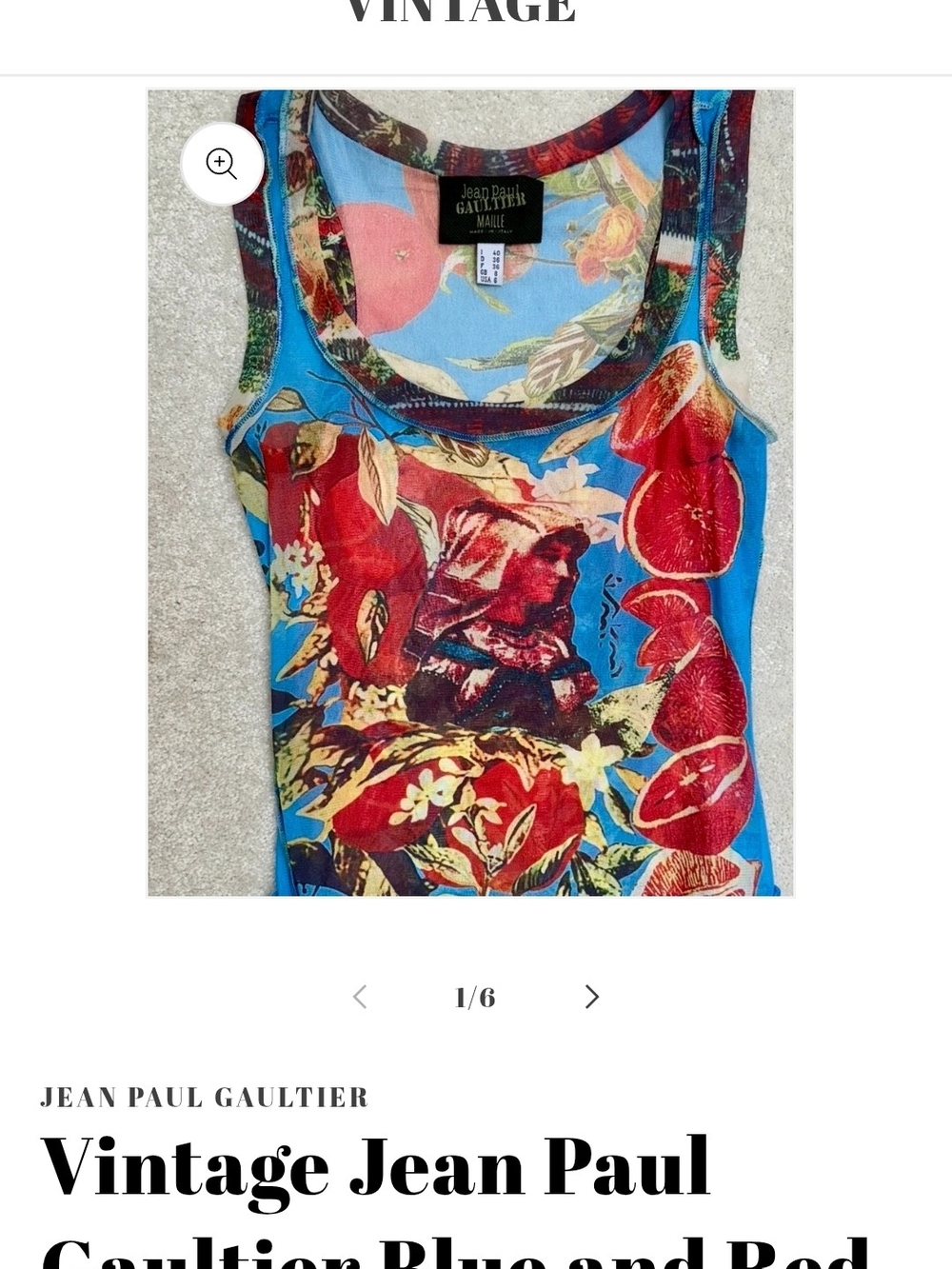 Jean Paul Gaultier Blue Tank with Red Floral Motif